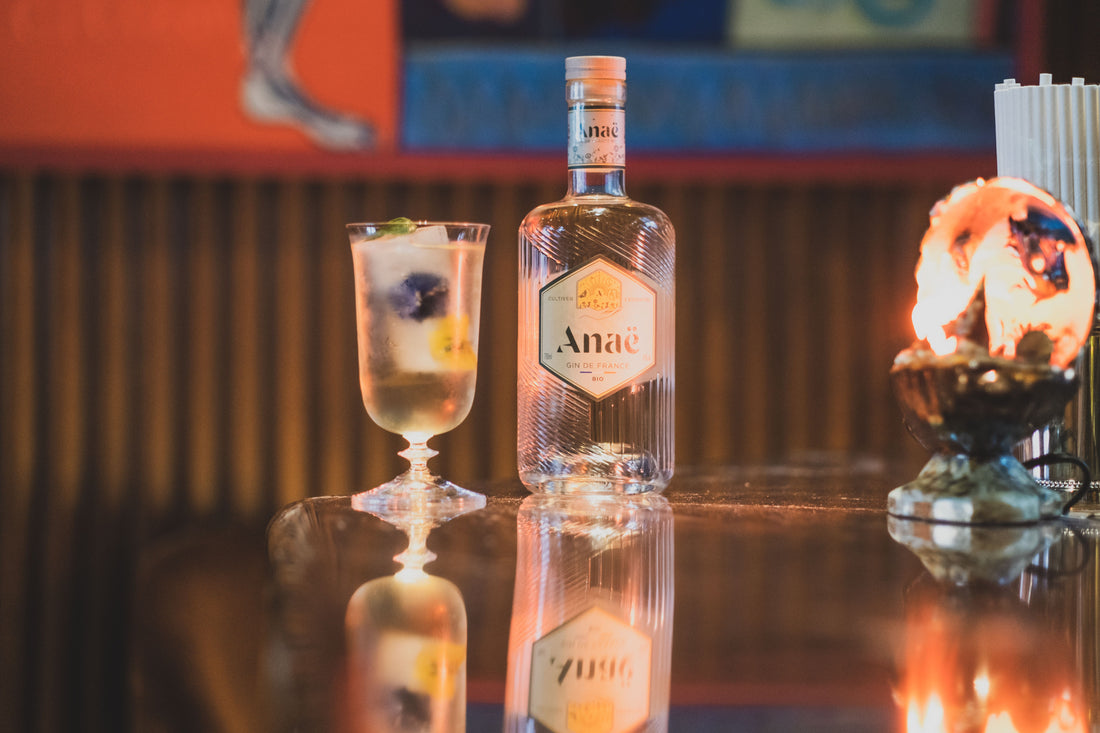 Gimlet cocktail in een cocktailglas naast een fles gin op een glanzende bartafel