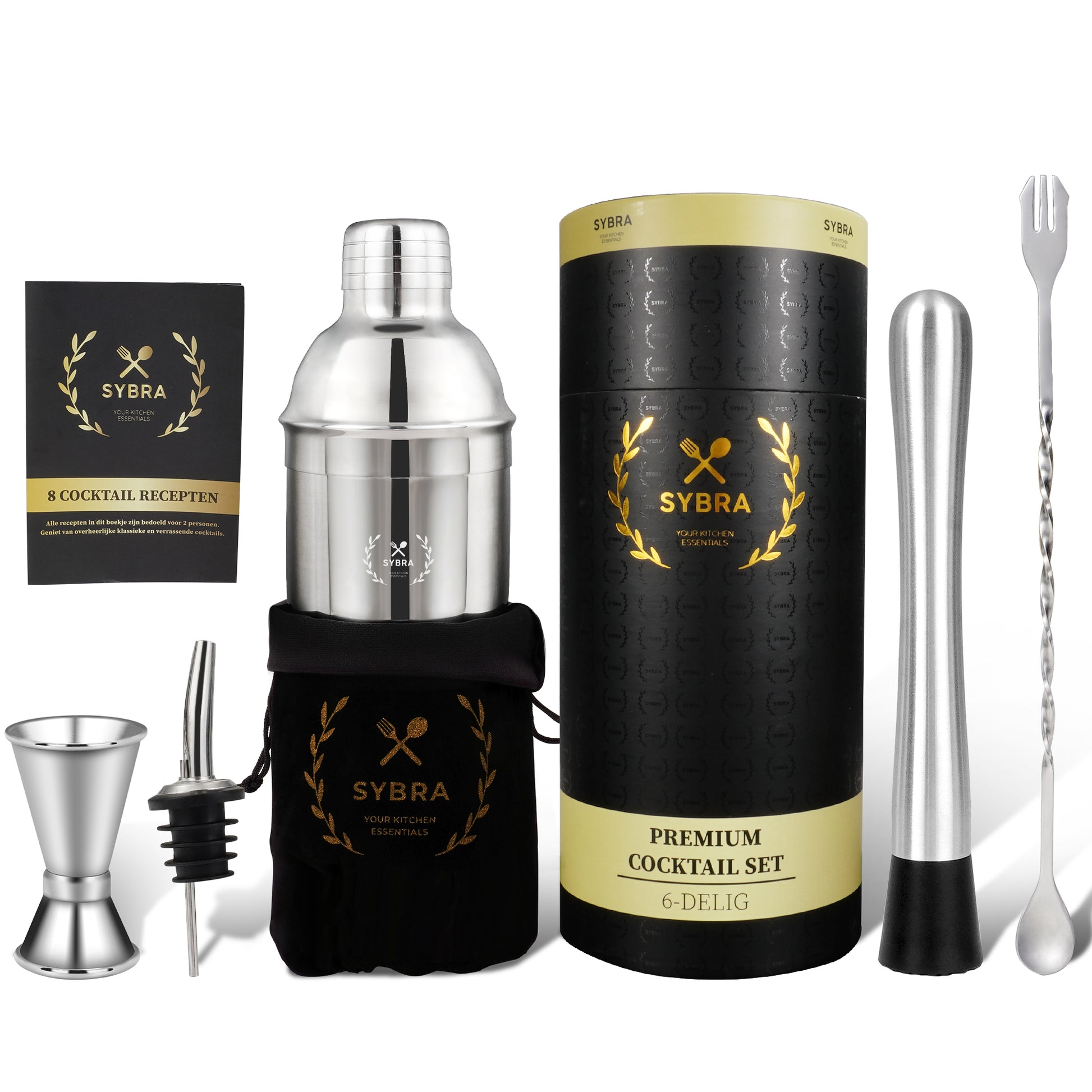 Zilverkleurige cocktailshaker set van RVS