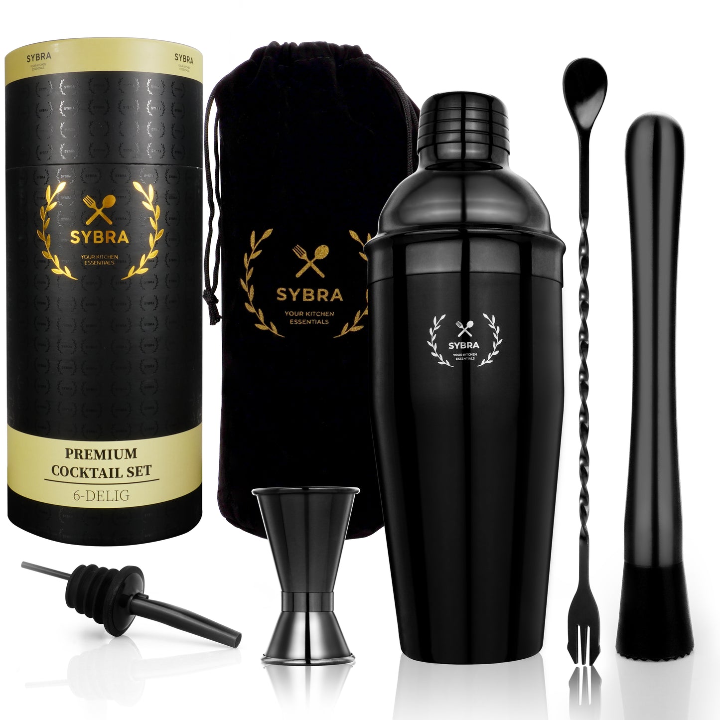 Matzwarte cocktailshaker set van RVS