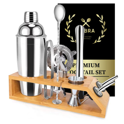 Cocktailset 10-delig van RVS met bamboe houder in cadeauverpakking