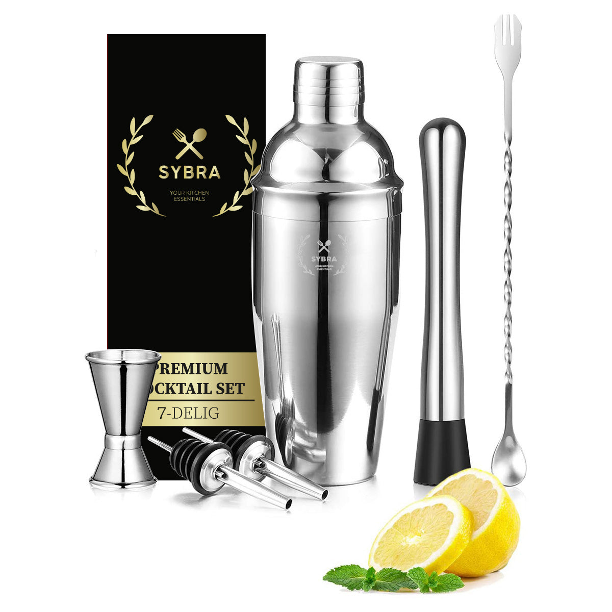 Cocktailset 7-delig van RVS met shaker, jigger en barlepel